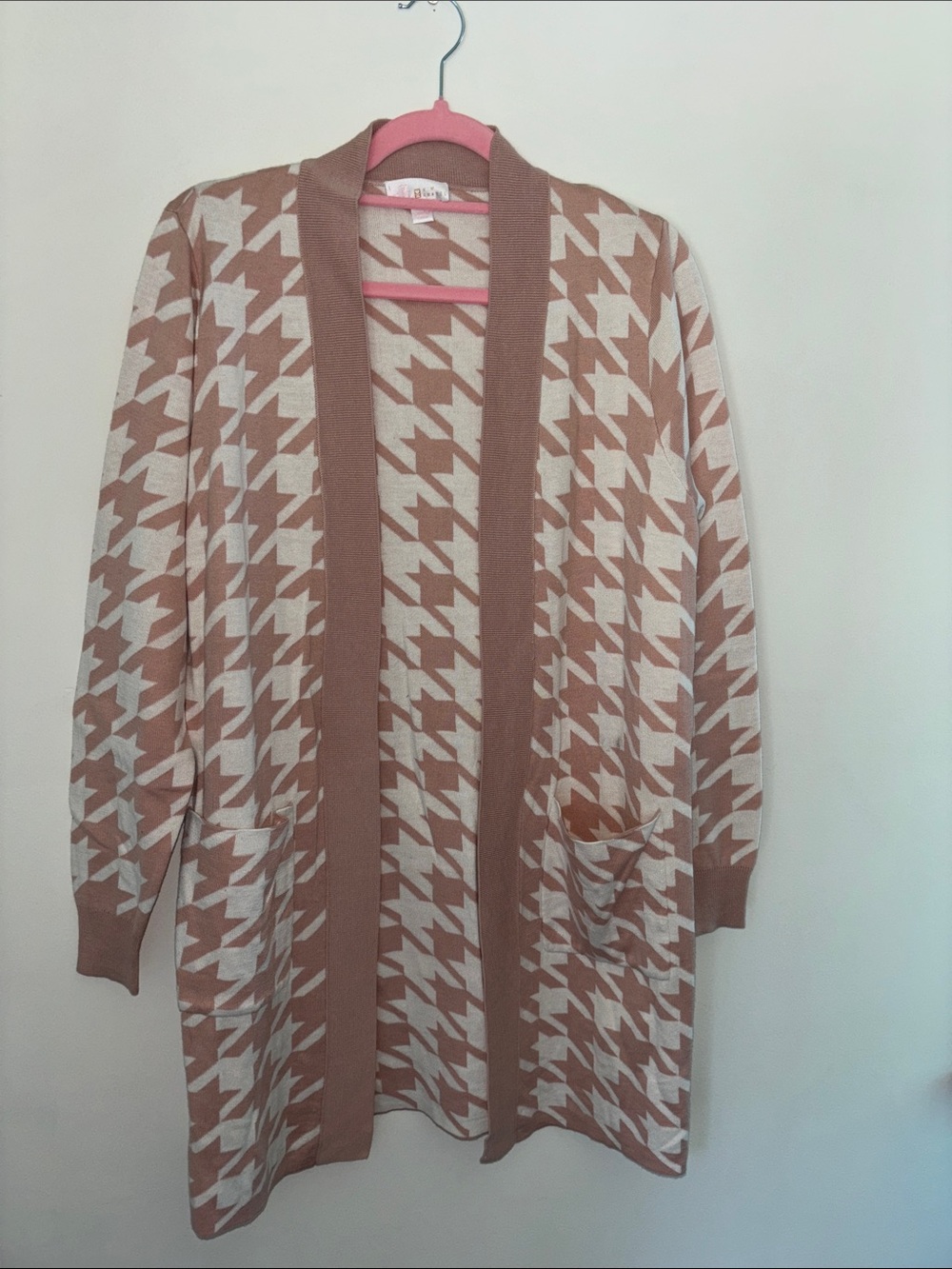 Belle by Kim Gravel Long Open-Front Houndstooth Cardigan Sweater, sz S - Picture 4 of 8